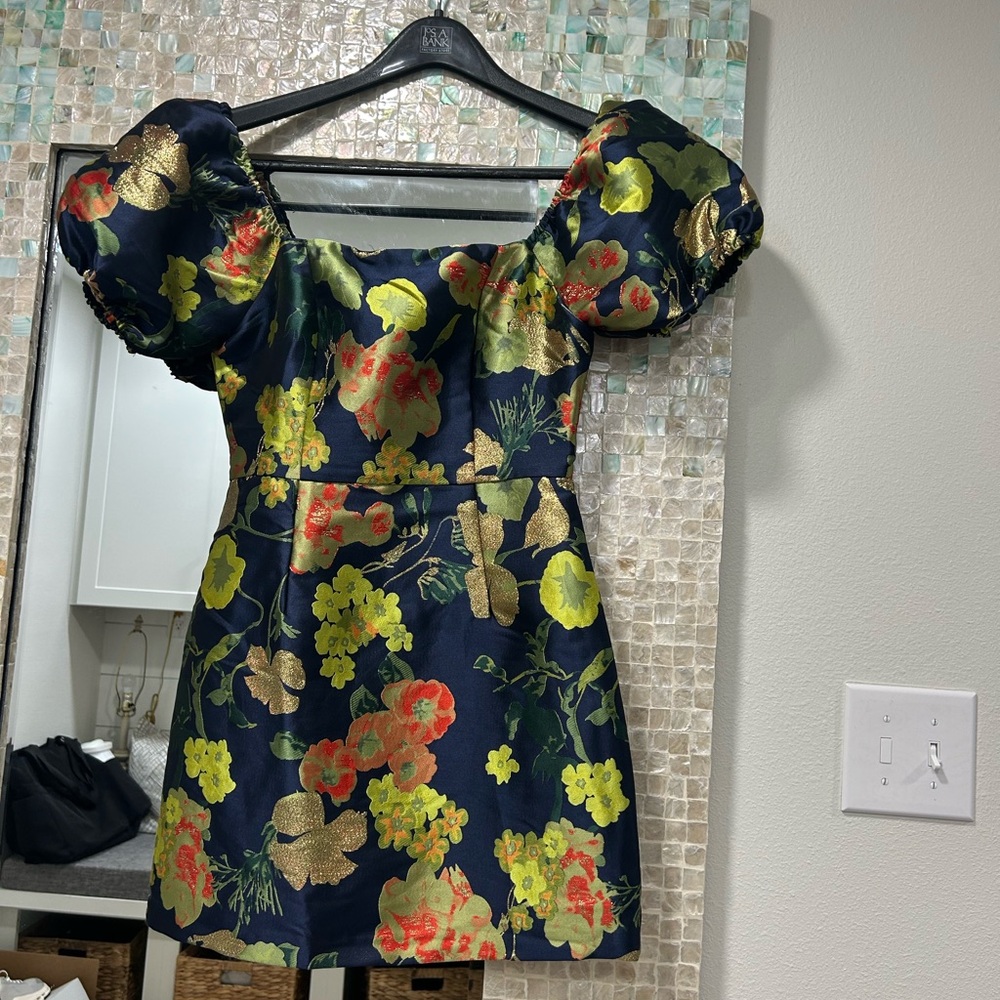 Lulu's Navy Floral Puff-Sleeve Dress with Gold Accents